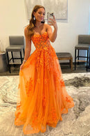 Orange Strapless Tulle Long Prom Dress with Lace A-Line Evening Dress