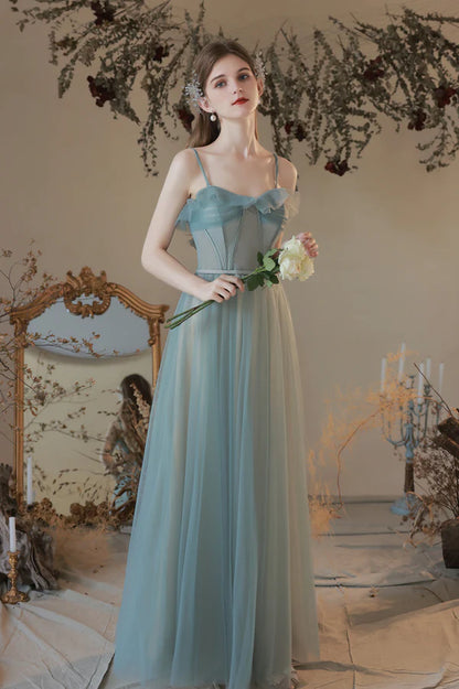 A-Line Tulle Long Prom Dress Simple Spaghetti Strap Evening Dress