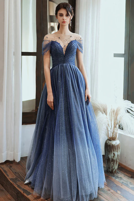 Blue Scoop Tulle Long Formal Dress A-Line Evening Party Dress