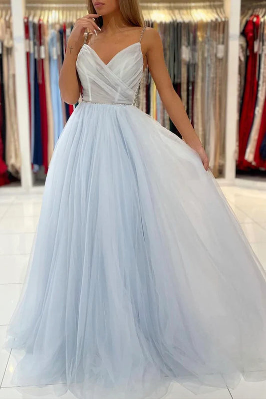 Blue V-Neck Tulle Long Prom Dress A-Line Spaghetti Straps Evening Party Dress