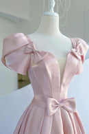 Pink Satin Long Prom Dress Beautiful A-Line Evening Dress with Bow