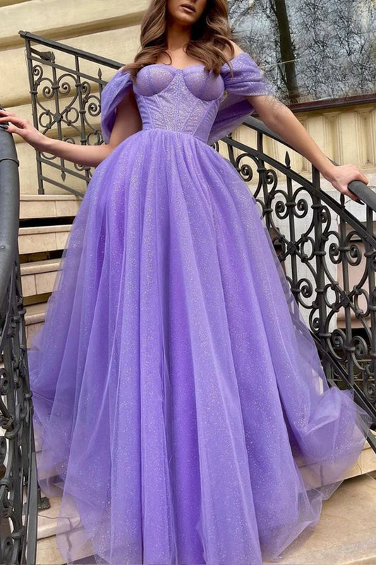 Purple Tulle Long A-Line Prom Dress Off the Shoulder Evening Party Dress