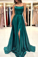 Green Satin Long Prom Dress Simple A-Line Evening Dress