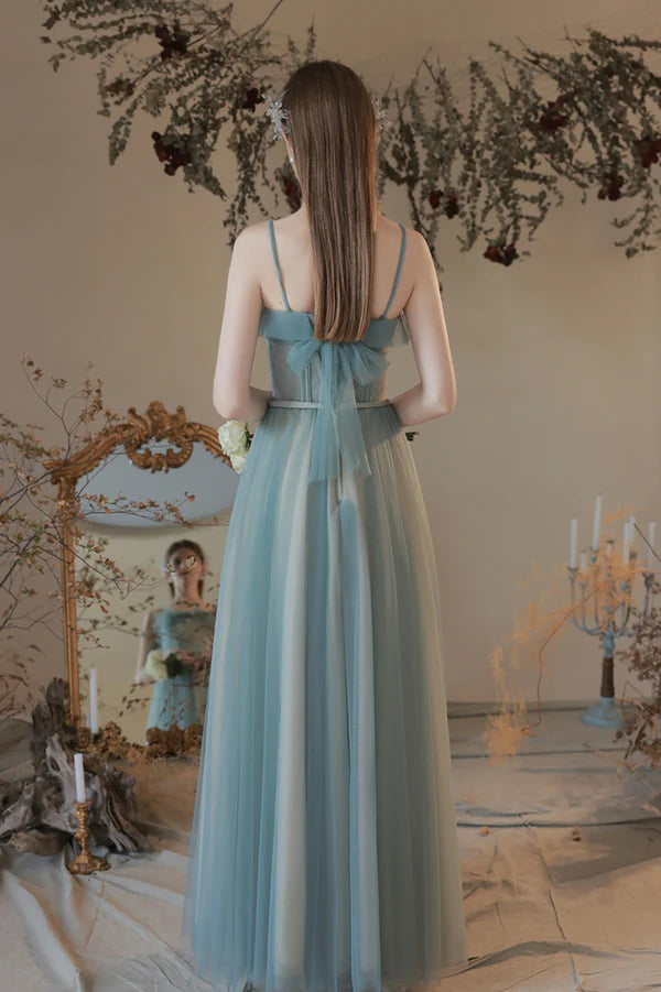 A-Line Tulle Long Prom Dress Simple Spaghetti Strap Evening Dress