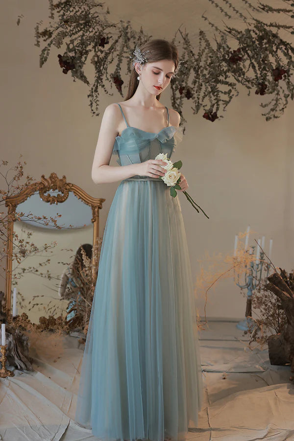 A-Line Tulle Long Prom Dress Simple Spaghetti Strap Evening Dress