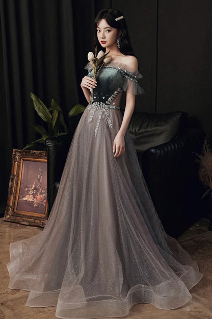 Gray Tulle Long Prom Dress with Lace Cute Off the Shoulder Evening Dress