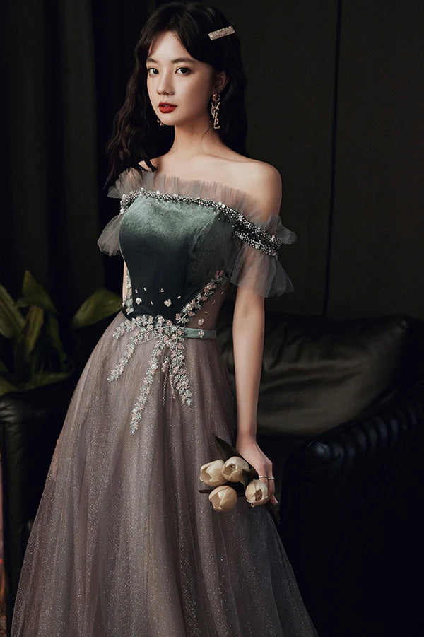 Gray Tulle Long Prom Dress with Lace Cute Off the Shoulder Evening Dress