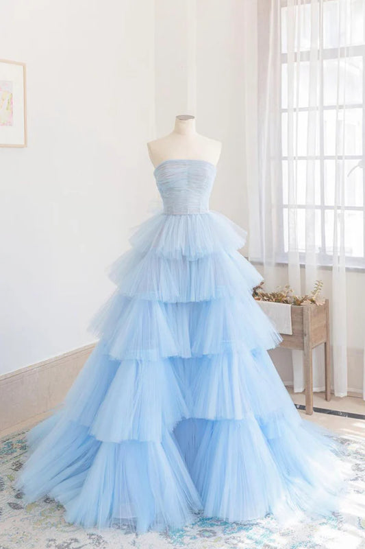 Blue Strapless Tulle Layers Long Prom Dress Beautiful A-Line Evening Dress