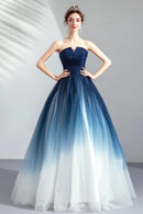 Blue Gradient Tulle Strapless Long A-Line Prom Dress Blue Evening Party Dress