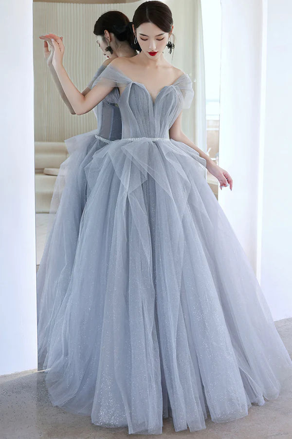 Blue Tulle Long A-Line Prom Dress Blue Off the Shoulder Evening Graduation Dress