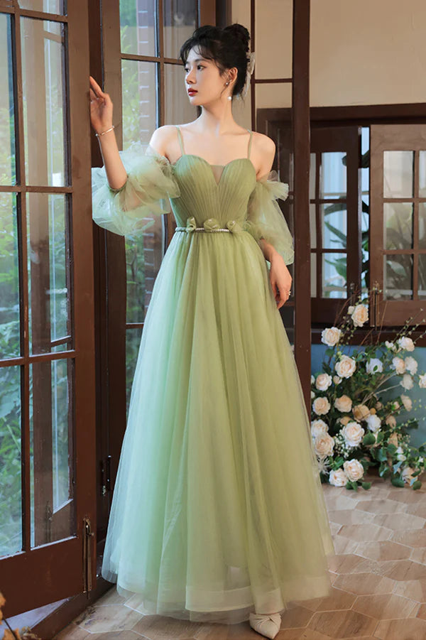 Green Spaghetti Straps Tulle Party Dress Green Sweetheart Long Prom Dress