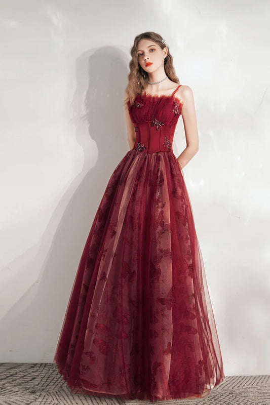 Burgundy Spaghetti Strap Tulle Long Prom Dress Lovely A-Line Prom Dress