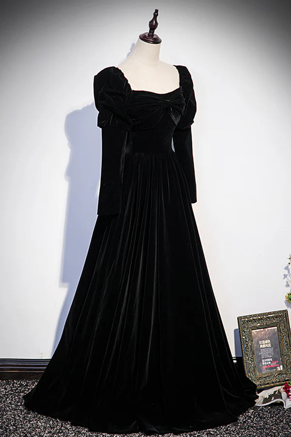 Black Velvet Long Sleeve Prom Dress A-Line Evening Party Dress