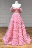 Pink Tulle Long A-Line Prom Dress Pink Sweetheart Neckline Evening Gown