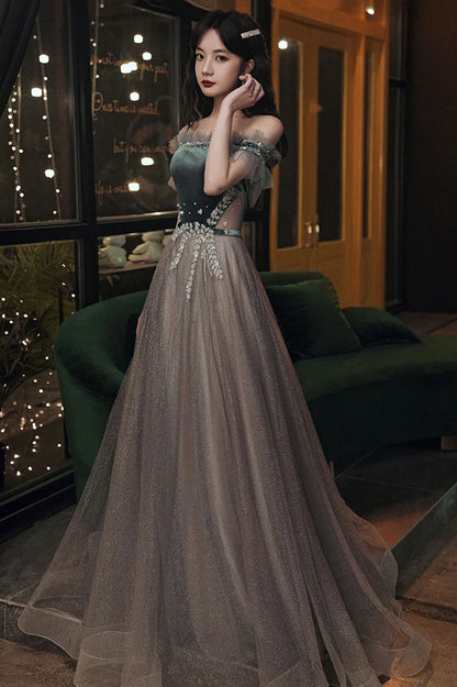 Gray Tulle Long Prom Dress with Lace Cute Off the Shoulder Evening Dress