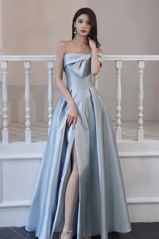 Blue Satin Long A-Line Prom Dress Off the Shoulder Evening Dress with Slit