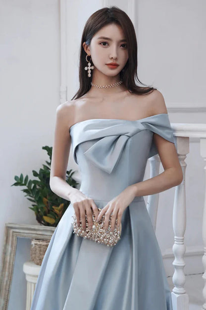 Blue Satin Long A-Line Prom Dress Off the Shoulder Evening Dress with Slit