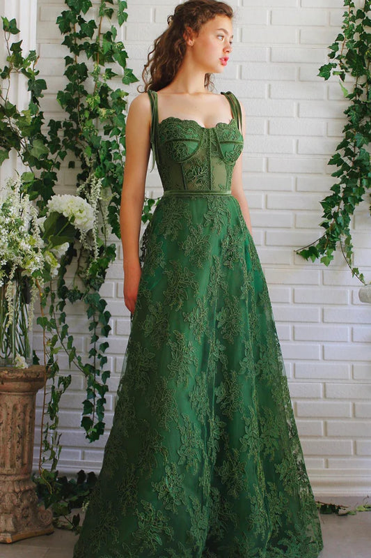 Green Lace Long Formal Evening Dress A-Line Spaghetti Straps Prom Dress