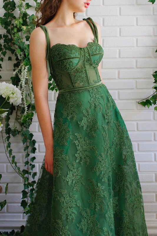 Green Lace Long Formal Evening Dress A-Line Spaghetti Straps Prom Dress