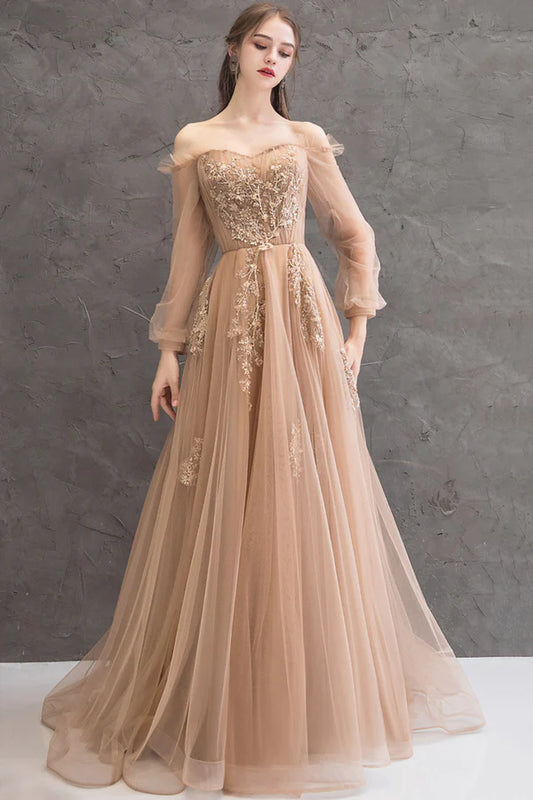 Cute Tulle Lace Off the Shoulder Evening Dress Long Sleeve A-Line Prom Dress