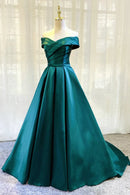 Green Satin Long A-Line Prom Dress Simple Off the Shoulder Evening Dress