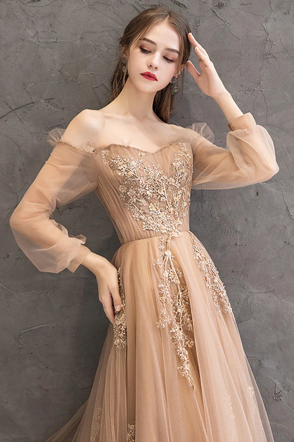 Cute Tulle Lace Off the Shoulder Evening Dress Long Sleeve A-Line Prom Dress