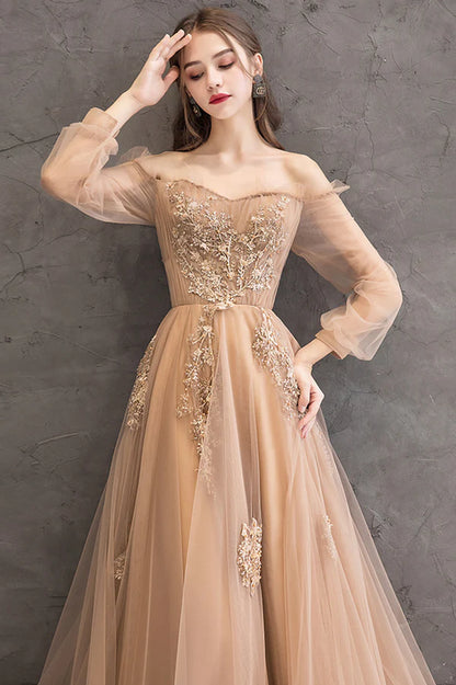 Cute Tulle Lace Off the Shoulder Evening Dress Long Sleeve A-Line Prom Dress