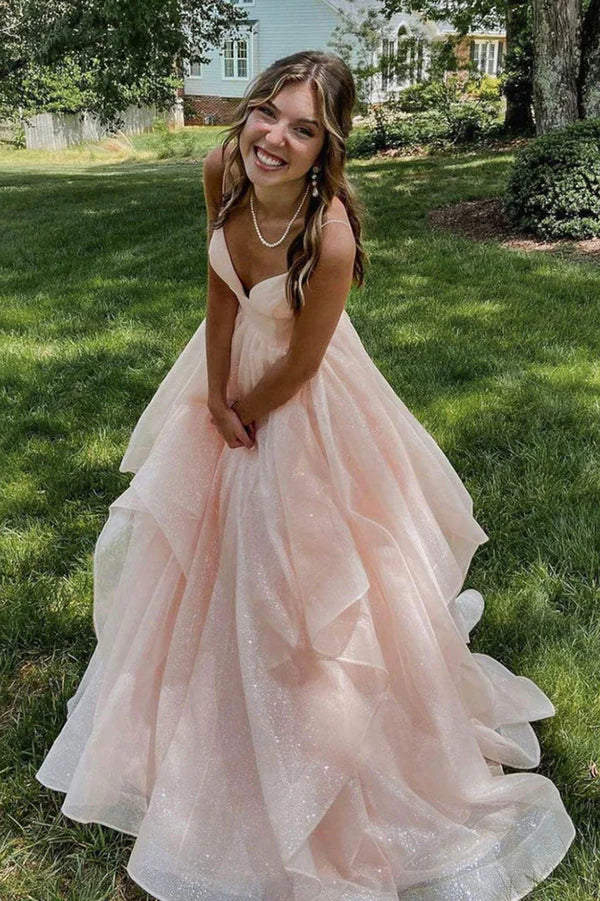 Pink V-Neck Tulle Long Evening Dress A-Line Backless Prom Dress