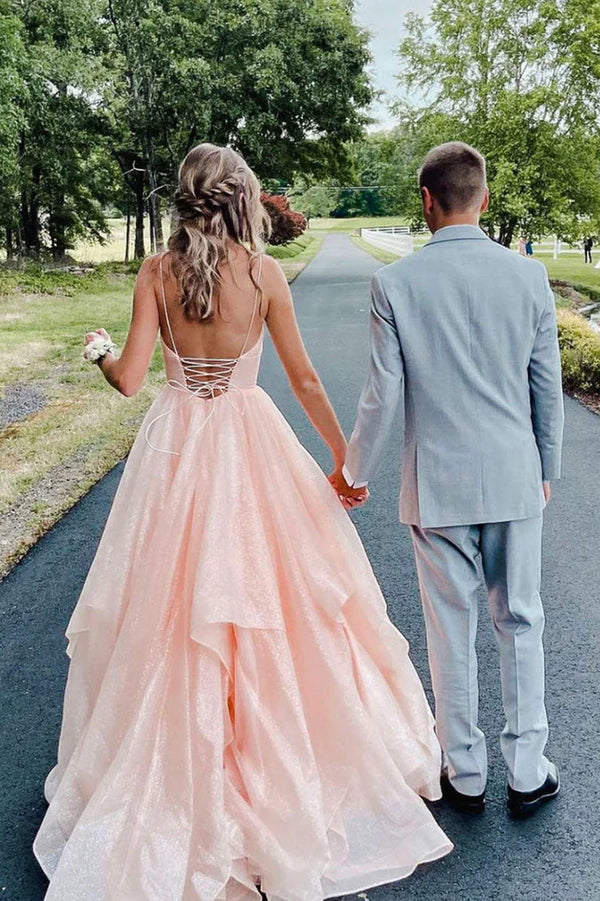 Pink V-Neck Tulle Long Evening Dress A-Line Backless Prom Dress