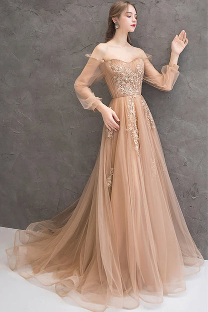 Cute Tulle Lace Off the Shoulder Evening Dress Long Sleeve A-Line Prom Dress