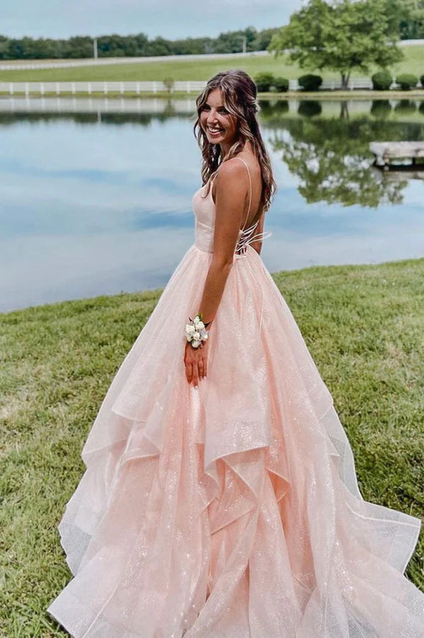 Pink V-Neck Tulle Long Evening Dress A-Line Backless Prom Dress