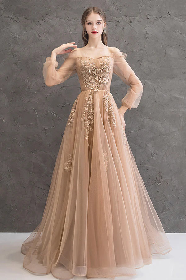 Cute Tulle Lace Off the Shoulder Evening Dress Long Sleeve A-Line Prom Dress