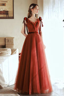 A-Line V-Neck Tulle Long Prom Dress