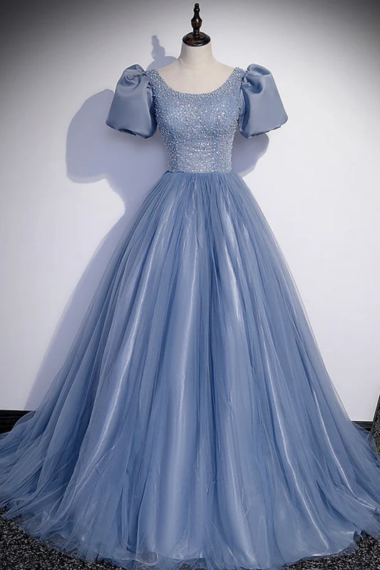 Blue Scoop Tulle Long Prom Dress A-Line Short Sleeve Formal Dress