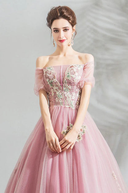 Pink Lace Long A-Line Prom Dress Off the Shoulder Evening Party Dress