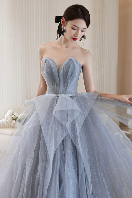 Blue Tulle Long A-Line Prom Dress Blue Off the Shoulder Evening Graduation Dress