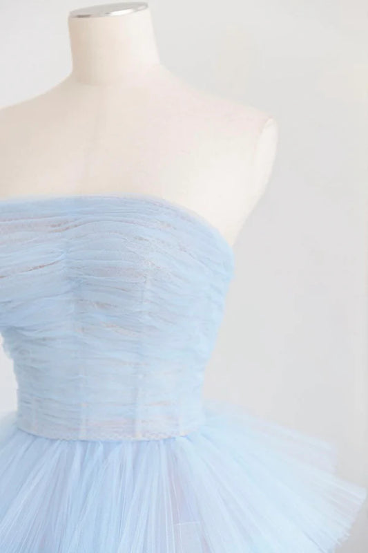 Blue Strapless Tulle Layers Long Prom Dress Beautiful A-Line Evening Dress