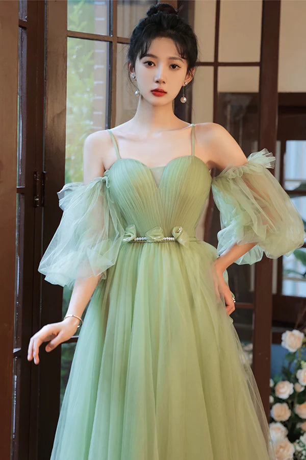 Green Spaghetti Straps Tulle Party Dress Green Sweetheart Long Prom Dress