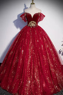 Burgundy Tulle Long A-Line Ball Gown Off the Shoulder Evening Party Dress