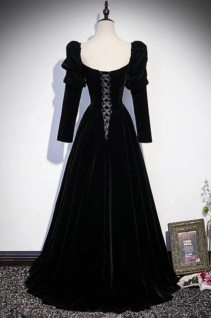 Black Velvet Long Sleeve Prom Dress A-Line Evening Party Dress