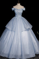 Beautiful Ball Gown Blue Tulle Lace Long Party Dress Off the Shoulder Evening Dress