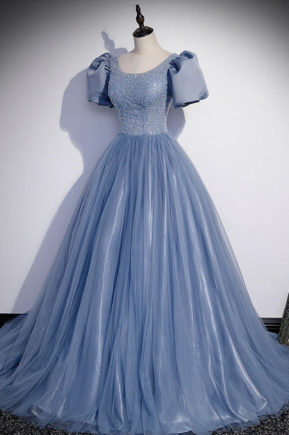 Blue Scoop Tulle Long Prom Dress A-Line Short Sleeve Formal Dress