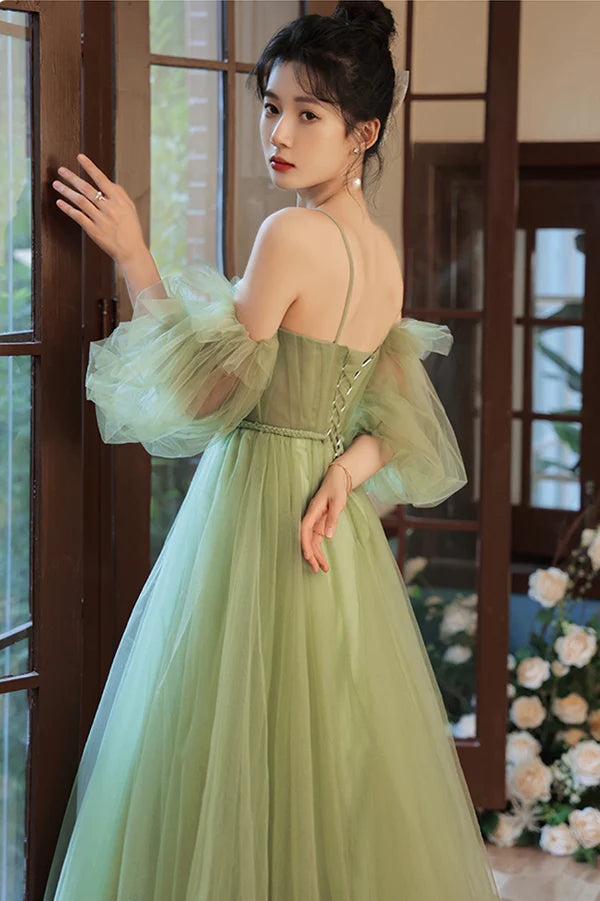 Green Spaghetti Straps Tulle Party Dress Green Sweetheart Long Prom Dress