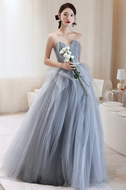 Blue Tulle Long A-Line Prom Dress Blue Off the Shoulder Evening Graduation Dress