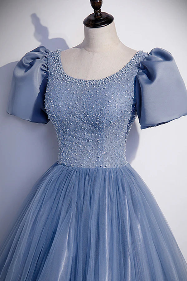 Blue Scoop Tulle Long Prom Dress A-Line Short Sleeve Formal Dress