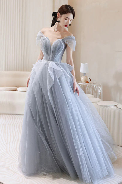 Blue Tulle Long A-Line Prom Dress Blue Off the Shoulder Evening Graduation Dress