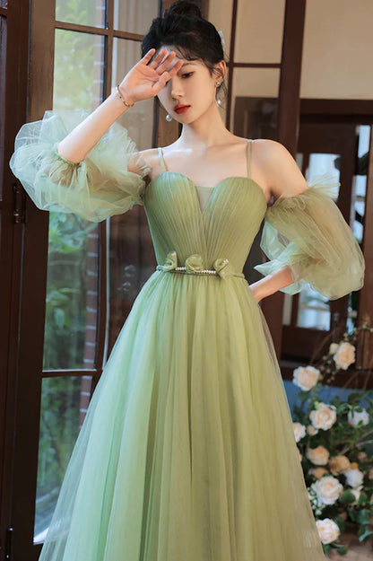 Green Spaghetti Straps Tulle Party Dress Green Sweetheart Long Prom Dress