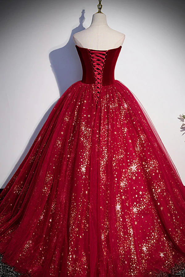 Burgundy Tulle Long A-Line Ball Gown Off the Shoulder Evening Party Dress