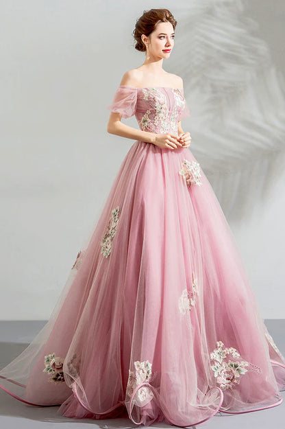 Pink Lace Long A-Line Prom Dress Off the Shoulder Evening Party Dress