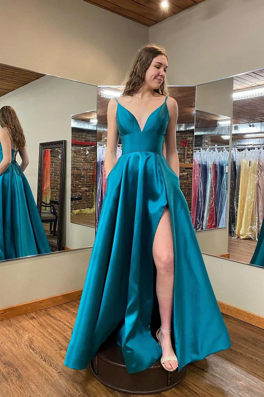 Blue V-Neck Satin Long Evening Party Dress A-Line Prom Dress with Slit